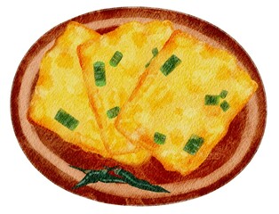 Watercolor illustration of Tempe Mendoan, a lightly fried Indonesian tempeh fritter (gorengan) dipped in spiced flour batter. Savory, Crispy street food, Perfect for culinary design, restaurant