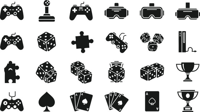 Collection of black and white gaming icons including joysticks controllers vr headsets dice cards and trophies isolated on transparent background