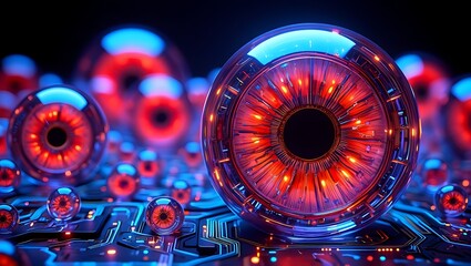 Futuristic digital eyeballs with glowing red irises and blue neon light reflections representing artificial intelligence surveillance and advanced technology in a dark abstract environment © Graphixa