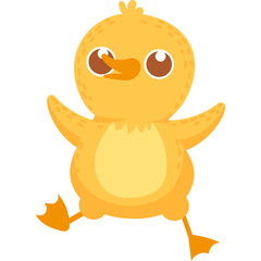 Cute Yellow Duckling Cartoon Character with Big Eyes and Orange Beak Waving its Wings and Legs on a Transparent Background