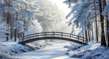 Winter wonderland a wooden bridge over a frozen river in forest