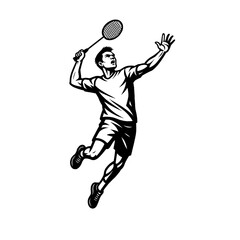 Hand Drawn Energetic Badminton Player Mid-Air Smash