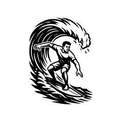 Hand Drawn Dynamic Surfer Riding a Crashing Ocean Wave