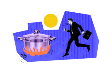 Creative collage young businessman boss employee takeaway coffee lunch break cooking burning boil pan dinner culinary drawing background