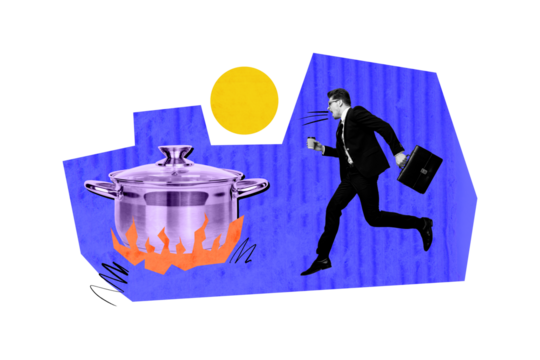 Creative collage young businessman boss employee takeaway coffee lunch break cooking burning boil pan dinner culinary drawing background