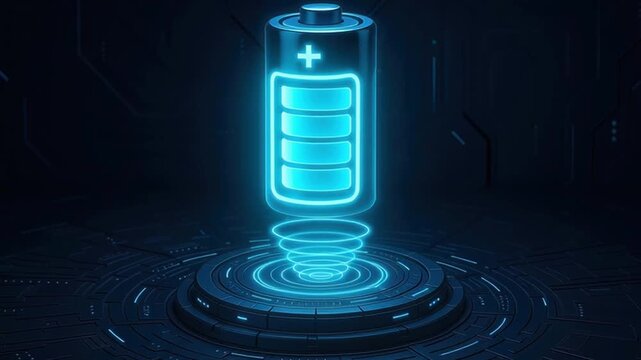 Battery technology advancements illustrated with glowing blue futuristic battery icon floating above digital platform symbolizing energy storage power innovation in high tech environment