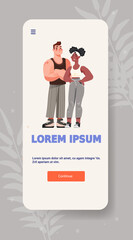Couple standing together smiling casual clothes modern flat character design mobile app screen template
