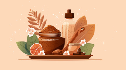 Body scrub natural skincare spa cosmetics organic beauty products with jar bottle wooden spoon citrus flowers leaves seeds beige background