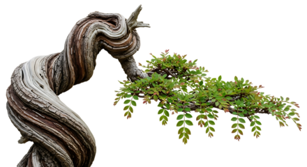 Twisted Gnarled Tree Trunk with Green Foliage wood isolated on a transparent background