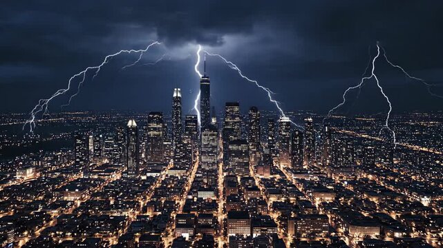 A stunning urban skyline dazzles under a night sky filled with thunder and lightning. The city lights twinkle while nature showcases its fierce power, creating a breathtaking view of the storm.