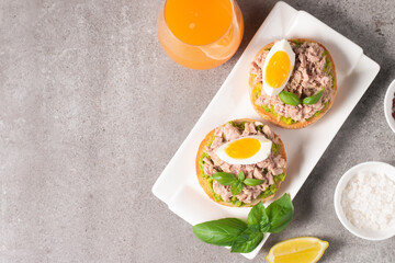 Two delicious tuna open sandwiches with avocado and boiled eggs. Tuna toast.