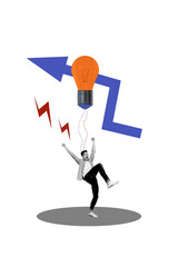 Composite trend artwork 3D image photo collage of trader analyze finance budget young man stand idea lamp electricity arrow show direction