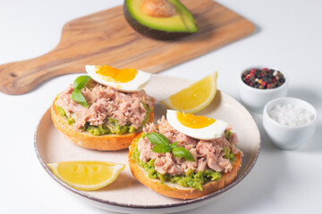 Two delicious tuna open sandwiches with avocado and boiled eggs. Tuna toast.