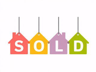 Vibrant 'SOLD' signs shaped like houses celebrate successful real estate transactions and new beginnings