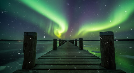 Aurora Borealis over Frozen Lake and Wooden Pier in Winter Night
