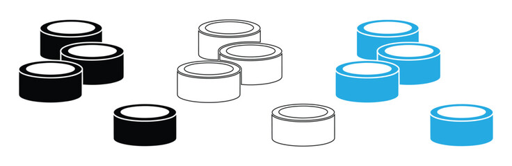 Modern abstract cylinders in black, white, and blue,Isometric vector icon of puck isolated on white background,