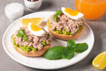 Two delicious tuna open sandwiches with avocado and boiled eggs. Tuna toast.