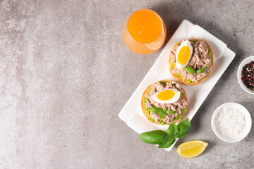 Two delicious tuna open sandwiches with avocado and boiled eggs. Tuna toast.