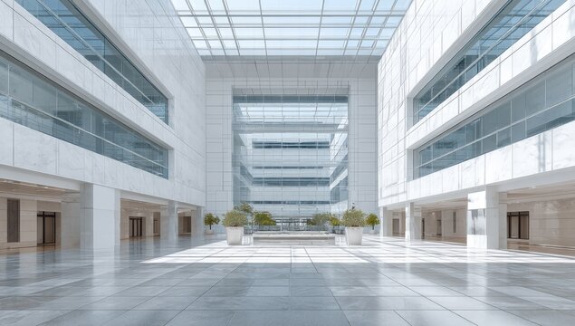Bright atrium with glass roof and white marble floors - Powered by Adobe