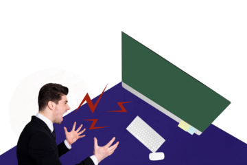 Composite photo collage of angry businessman scream broke pc screen device work problem job burnout tiredness isolated on painted background