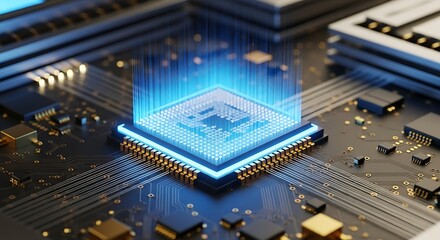 Closeup of a futuristic computer processor chip with glowing blue energy emanating from its center, symbolizing advanced technology and data processing on a circuit board