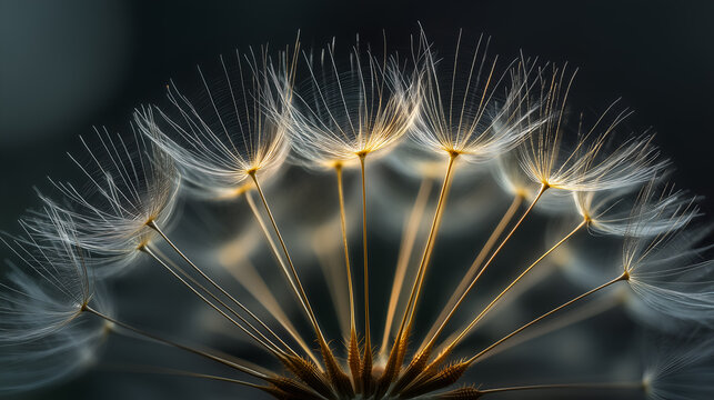 Close-up of dandelion seeds with feathery pappi and radial symmetry. Ideal for editorial, botanical, conceptual, or nature photography themes.