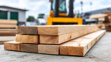 Stacked wooden planks resting on a construction site, showcasing natural textures and grains, with a forklift in the background, emphasizing the materials used in building projects