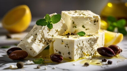 Feta blocks with oregano, olive oil, olives, mint, and lemon wedges. Ideal for editorial, culinary, Mediterranean, or fresh food photography themes.