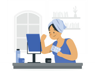 Woman Applying Skincare Product in Front of a Mirror with Towel on Head vector illustration