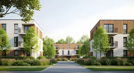 Modern residential apartment complex buildings with green spaces and contemporary architecture
