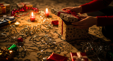 Opening a Christmas Gift on a Cozy Holiday Night Scene