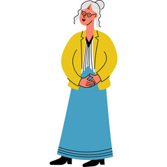Elderly Woman Wearing A Yellow Blazer And Blue Skirt Standing With Hands Folded Against A Transparent Background
