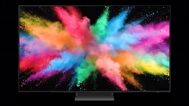 Slow Motion Explosion of Rainbow Dust, Bright Color Powder Explosion on an OLED TV Screen with Alpha Channel