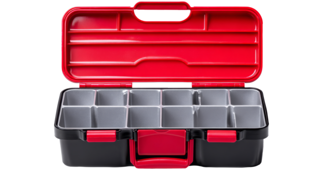 Open tool storage box with multiple compartments, featuring a vibrant red lid and black base, ideal for organizing tools and small items in a workshop or garage setting