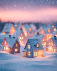 Naklejka premium Winter village at sunset with snow-covered houses glowing warmly in a cozy atmosphere