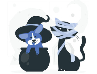 A cute blue dog in a witch hat in a cauldron next to a black cat dressed as a mummy for Halloween spooky