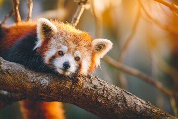 Fototapeta premium Red panda resting peacefully on a tree limb in a natural setting during golden hour