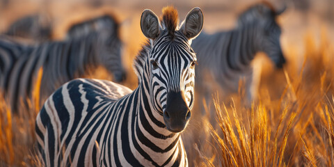 Zebra foraging in dry grassland with other zebras nearby during golden hour lighting