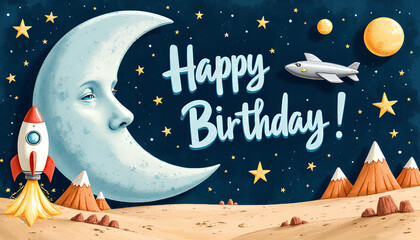 Whimsical happy birthday greeting card with a smiling moon rocket and stars in outer space