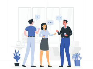 Three people in casual clothing talking and holding cups in a modern office setting with plants and windows