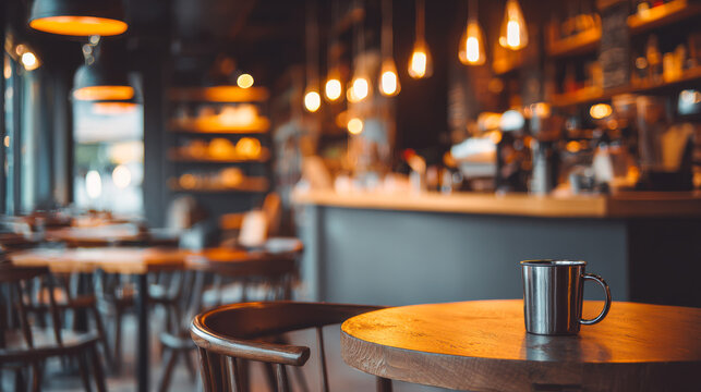 Warm and inviting coffee shop interior with ambient lighting for a cozy atmosphere