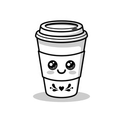 Kawaii cute coffee character vector design monochrome