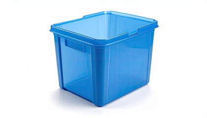 Blue plastic bin with handle on white background