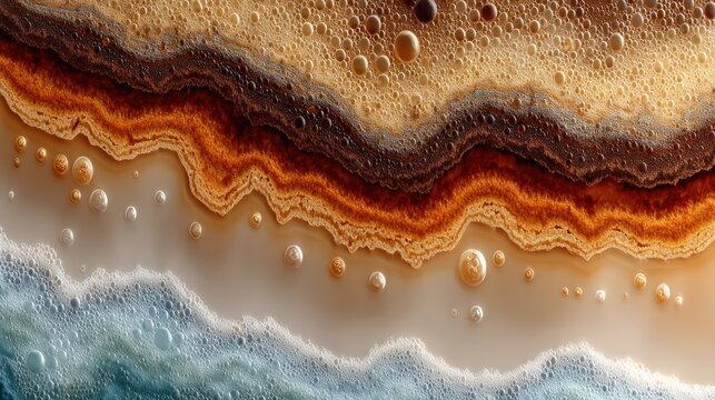 Aerial view of abstract layered fluid art, frothy bubbles, sandy textures, and waves