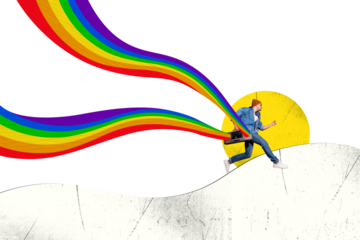 Composite collage picture image of guy run boombox lgbt rainbow isolated on creative background