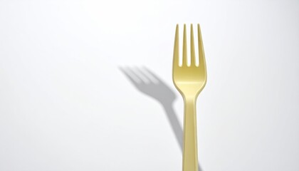 Golden fork casts shadow on clean, bright white background