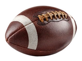 Brown football with white stripes and laces