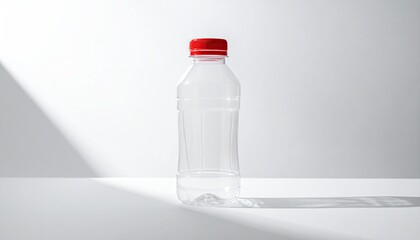 Clear bottle, red cap on a clean white surface