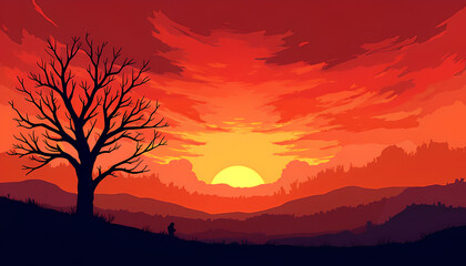 Vibrant pixel art sunset over mountain landscape with bare tree silhouette