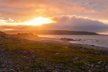 Russia, Murmansk region, Rybachy Peninsula. Sunset on the Barents Sea coast. August 2025